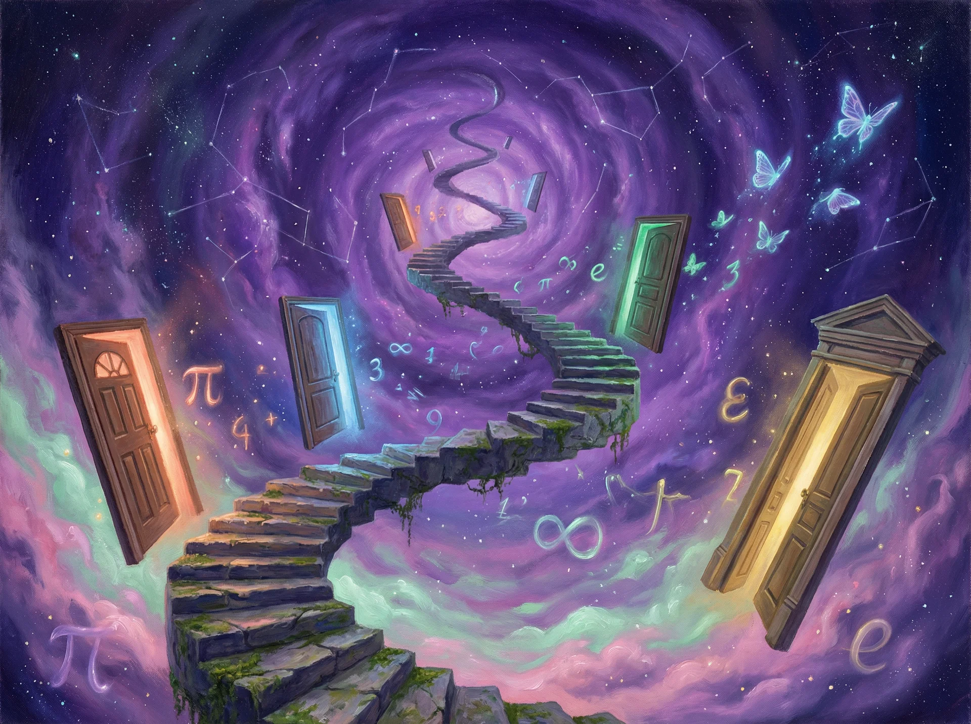 超现实梦境画作 - 无限阶梯与浮动之门，关联 重庆时时彩 幸运号码