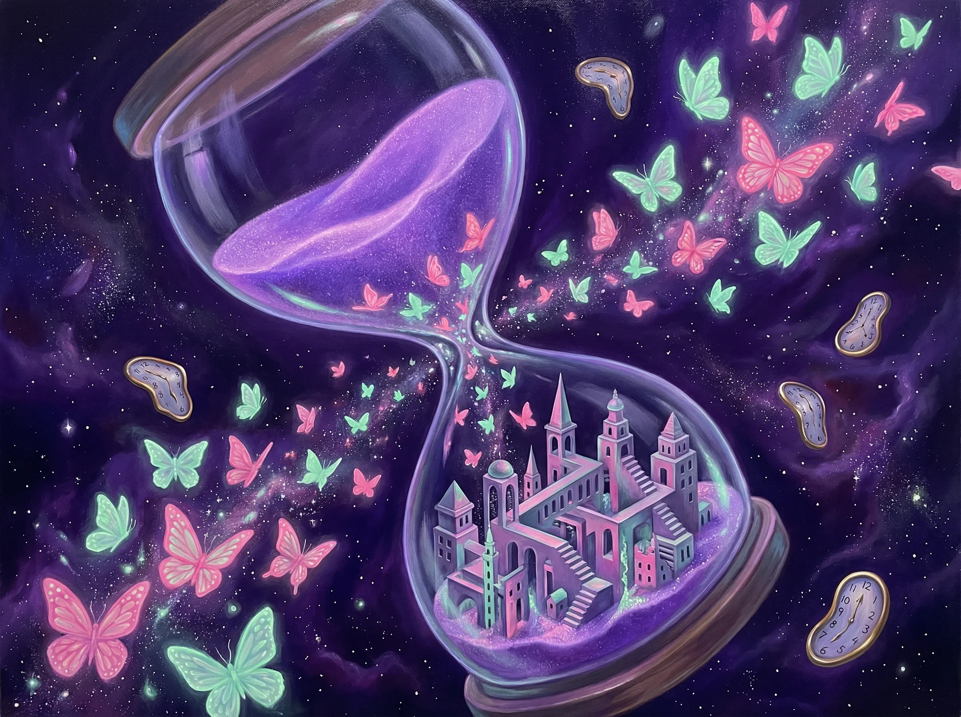 超现实梦境画作 - 时间沙漏与蝴蝶变幻，关联 重庆时时彩 幸运号码