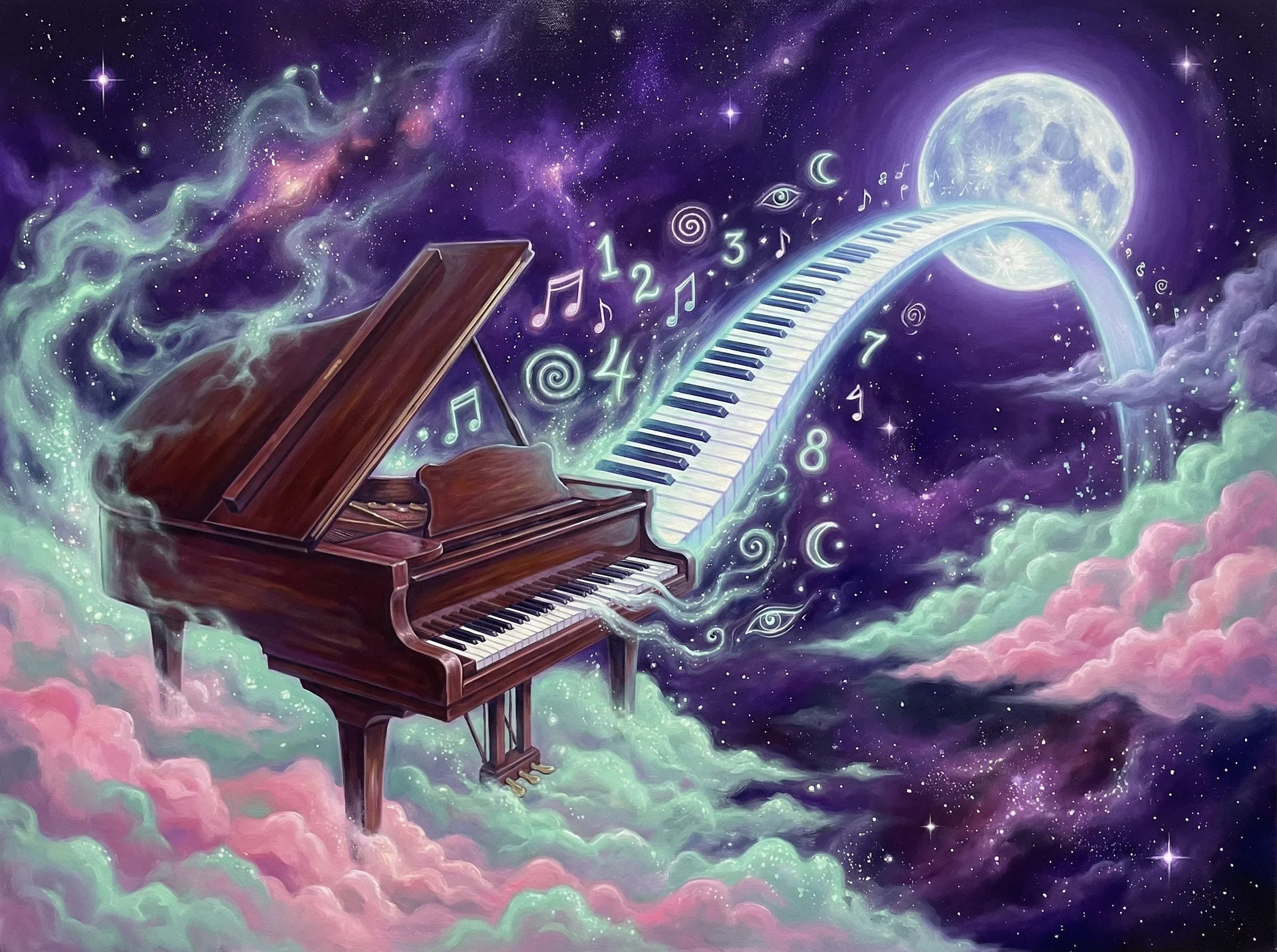 超现实梦境画作 - 宇宙钢琴与月光之桥，关联 重庆时时彩 幸运号码